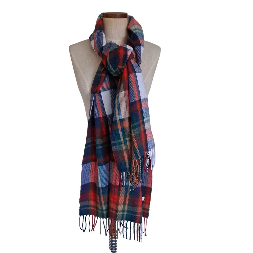 J. Crew Red Green & Beige Plaid Rectangular Scarf with Fringes - Size 25" x 77"